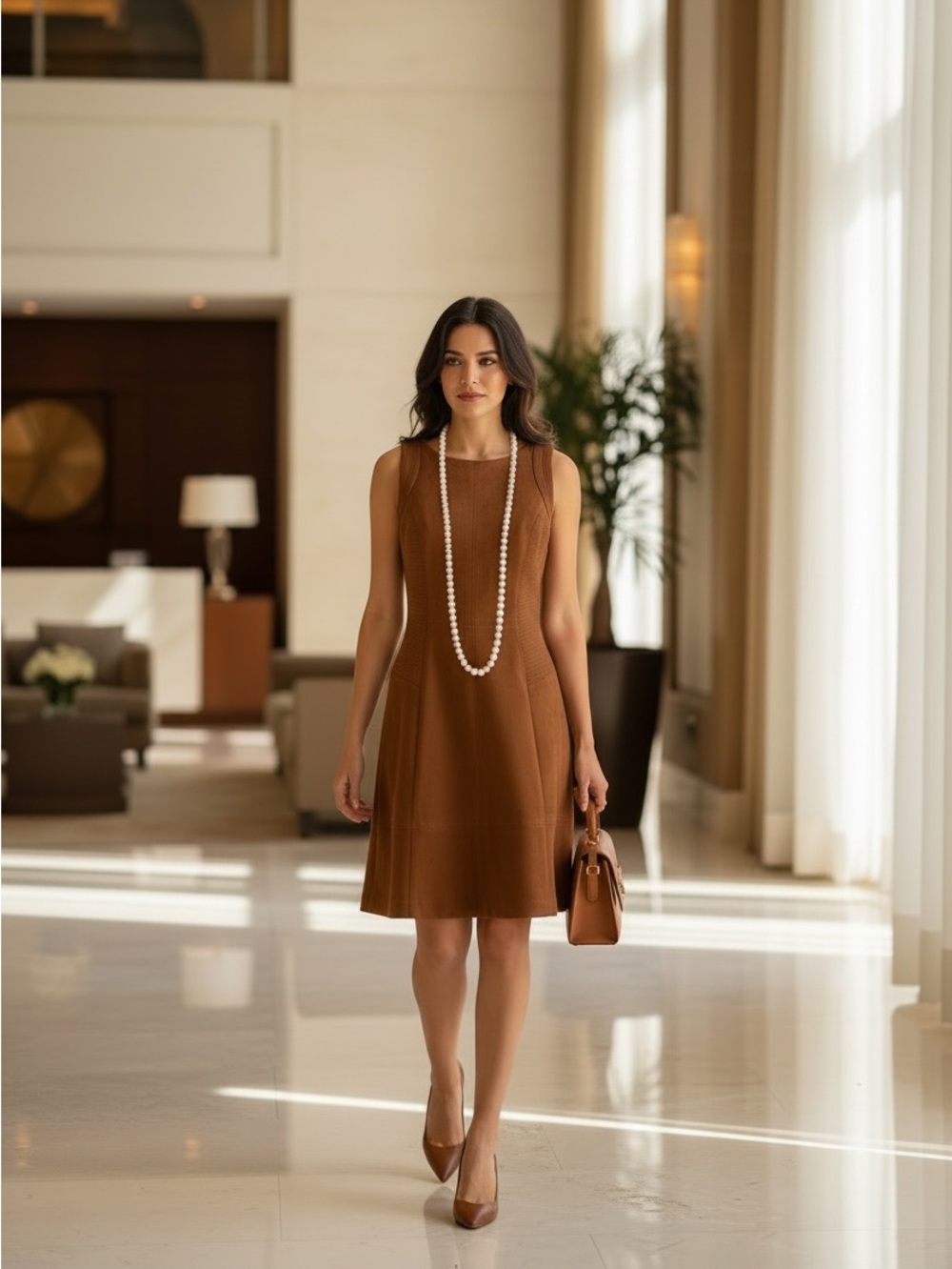 WHBM Cognac Faux Suede Mod Dress Paneled Sleeveless Size 2